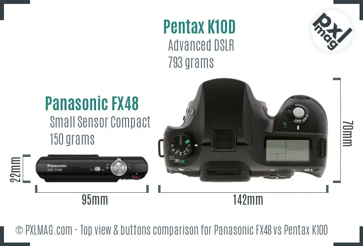 Panasonic FX48 vs Pentax K10D top view buttons comparison
