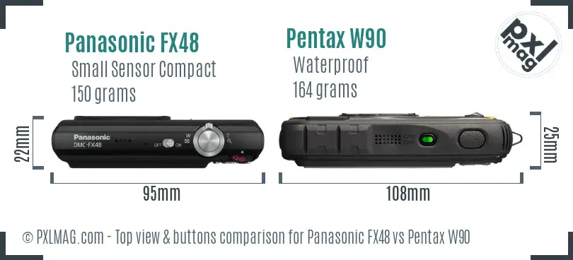 Panasonic FX48 vs Pentax W90 top view buttons comparison
