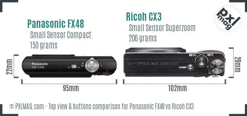 Panasonic FX48 vs Ricoh CX3 top view buttons comparison