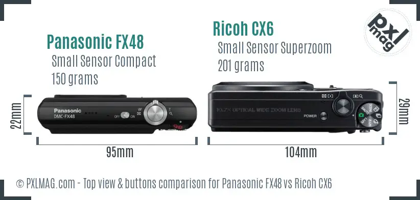 Panasonic FX48 vs Ricoh CX6 top view buttons comparison