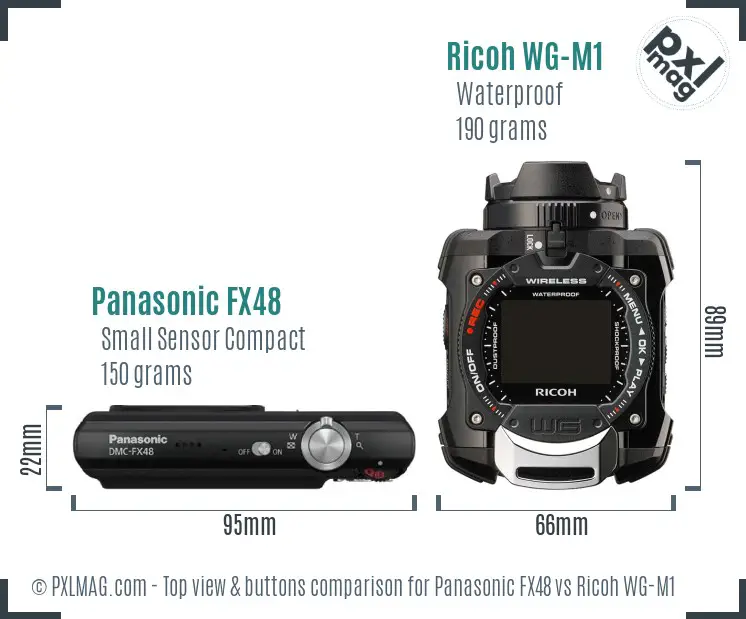 Panasonic FX48 vs Ricoh WG-M1 top view buttons comparison