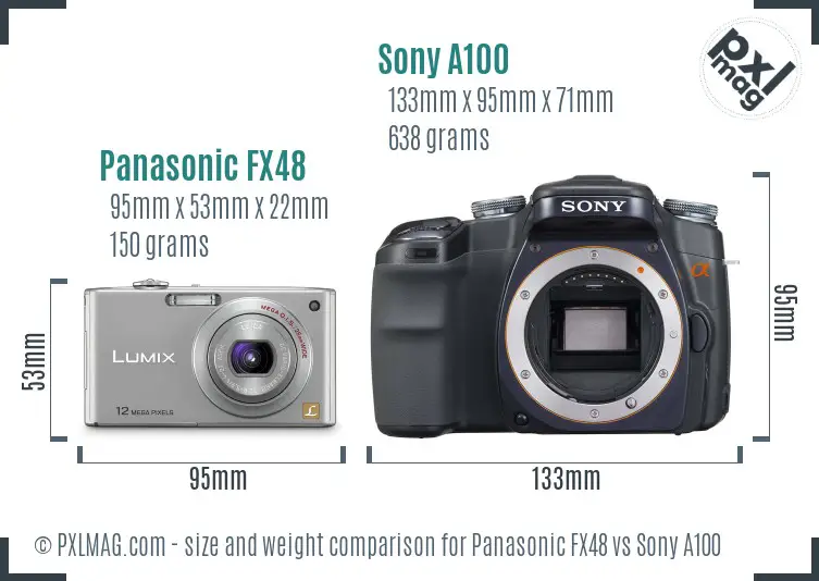 Panasonic FX48 vs Sony A100 size comparison