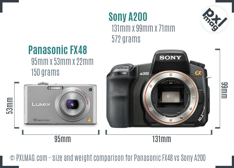 Panasonic FX48 vs Sony A200 size comparison