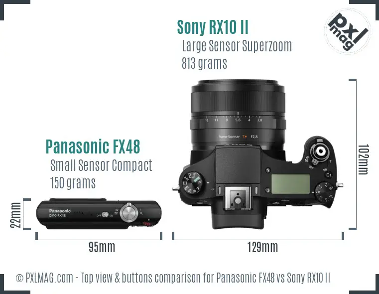 Panasonic FX48 vs Sony RX10 II top view buttons comparison Panasonic FX48 vs Sony RX10 II top view buttons comparison