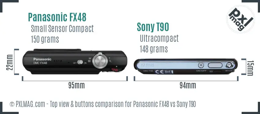 Panasonic FX48 vs Sony T90 top view buttons comparison