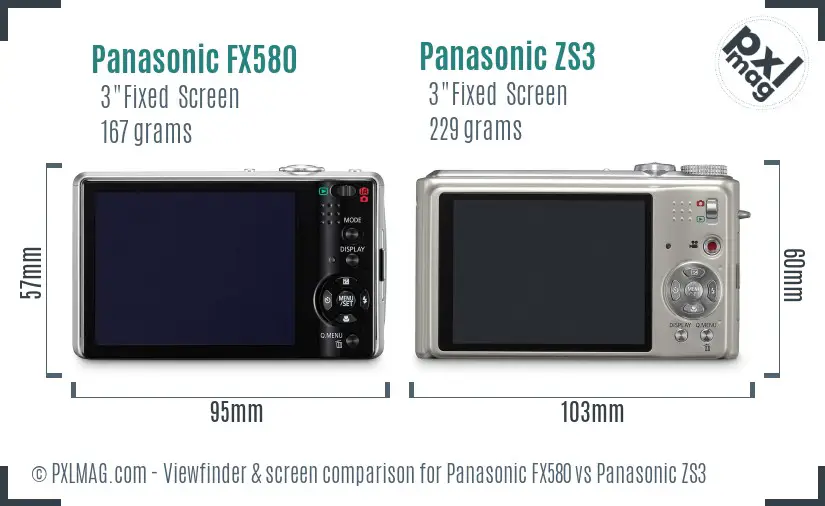 Panasonic FX580 vs Panasonic ZS3 Screen and Viewfinder comparison