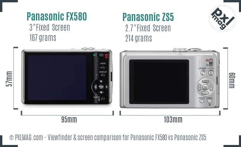 Panasonic FX580 vs Panasonic ZS5 Screen and Viewfinder comparison