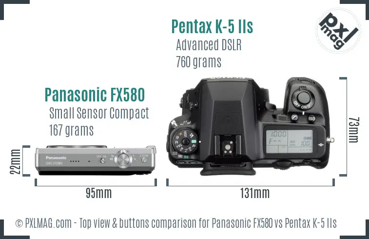 Panasonic FX580 vs Pentax K-5 IIs top view buttons comparison