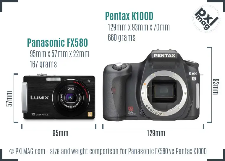 Panasonic FX580 vs Pentax K100D size comparison