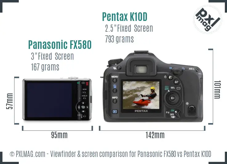 Panasonic FX580 vs Pentax K10D Screen and Viewfinder comparison