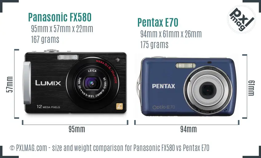 Panasonic FX580 vs Pentax E70 size comparison