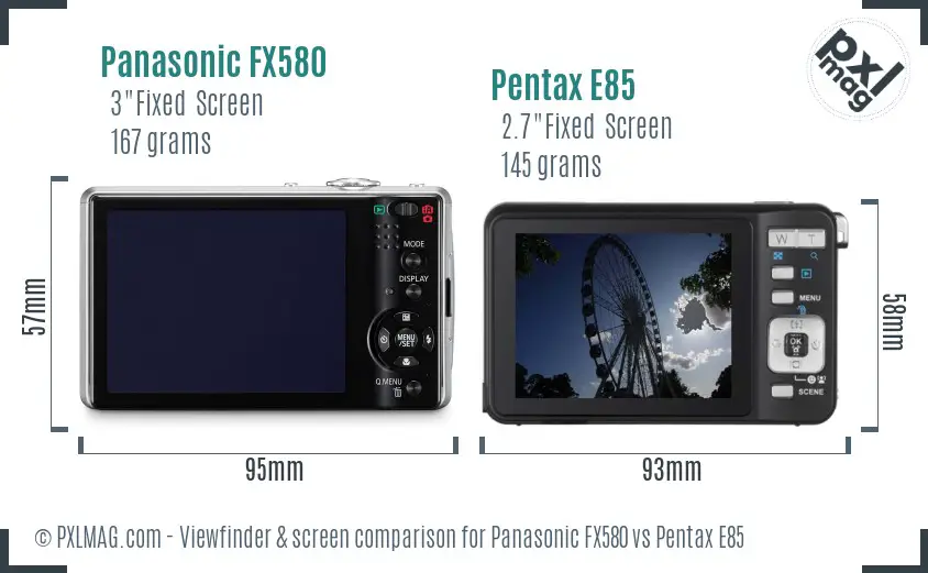 Panasonic FX580 vs Pentax E85 Screen and Viewfinder comparison