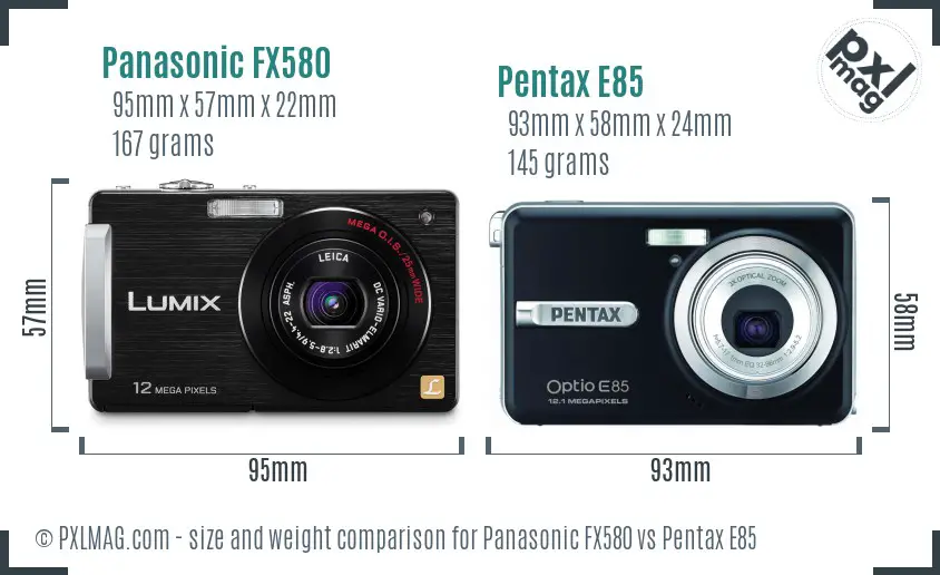Panasonic FX580 vs Pentax E85 size comparison