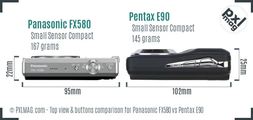 Panasonic FX580 vs Pentax E90 top view buttons comparison
