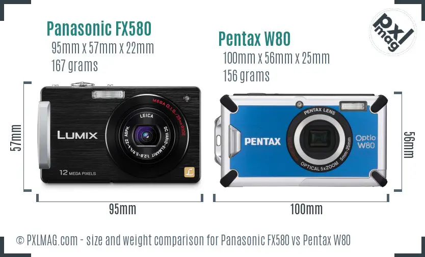 Panasonic FX580 vs Pentax W80 size comparison