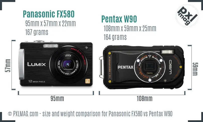 Panasonic FX580 vs Pentax W90 size comparison
