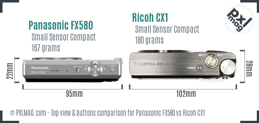 Panasonic FX580 vs Ricoh CX1 top view buttons comparison