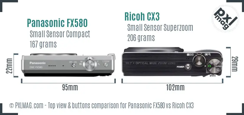 Panasonic FX580 vs Ricoh CX3 top view buttons comparison