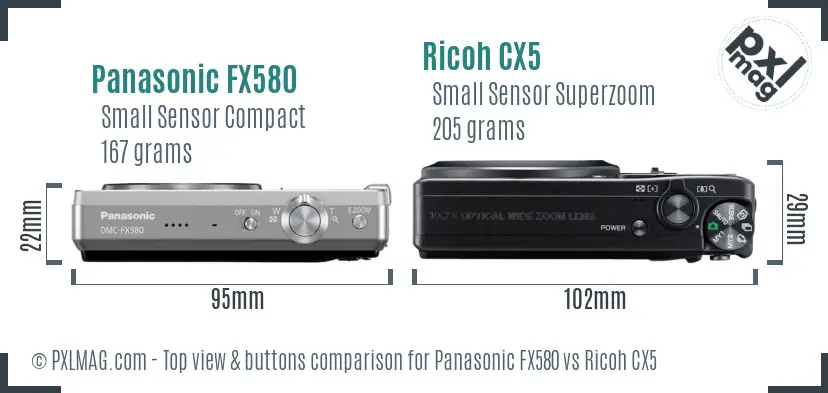 Panasonic FX580 vs Ricoh CX5 top view buttons comparison