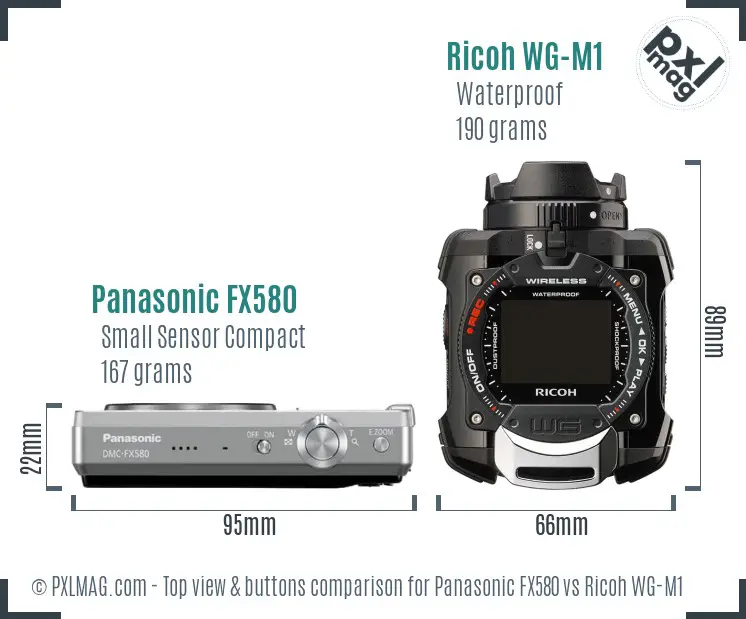 Panasonic FX580 vs Ricoh WG-M1 top view buttons comparison