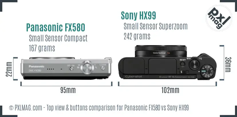 Panasonic FX580 vs Sony HX99 top view buttons comparison Panasonic FX580 vs Sony HX99 top view buttons comparison