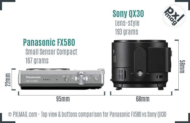 Panasonic FX580 vs Sony QX30 top view buttons comparison Panasonic FX580 vs Sony QX30 top view buttons comparison