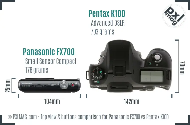 Panasonic FX700 vs Pentax K10D top view buttons comparison