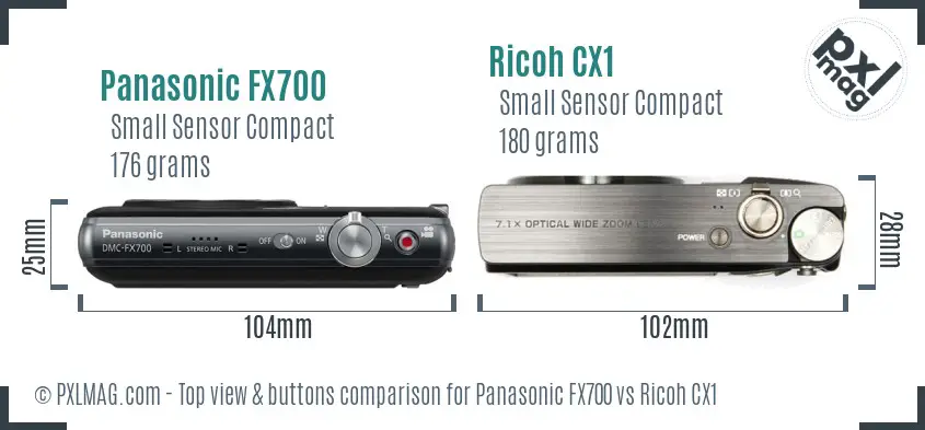 Panasonic FX700 vs Ricoh CX1 top view buttons comparison