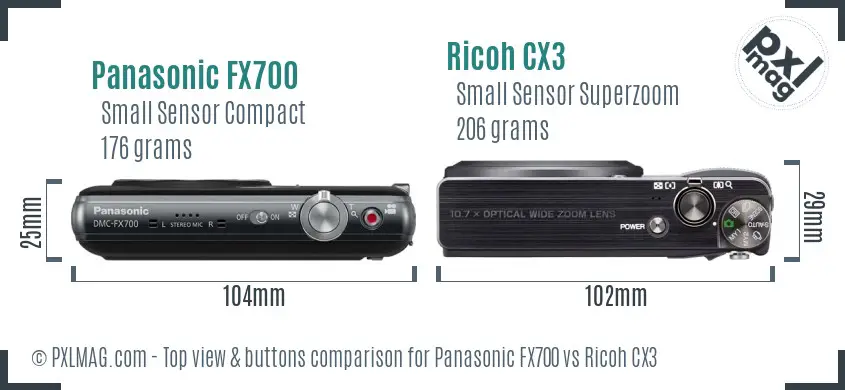 Panasonic FX700 vs Ricoh CX3 top view buttons comparison