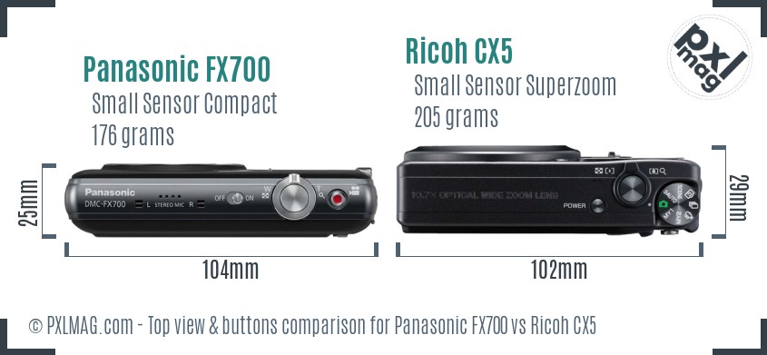 Panasonic FX700 vs Ricoh CX5 top view buttons comparison