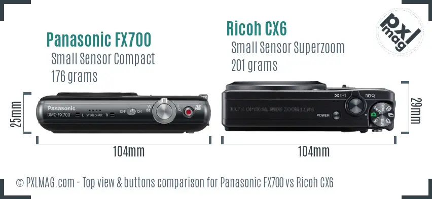 Panasonic FX700 vs Ricoh CX6 top view buttons comparison