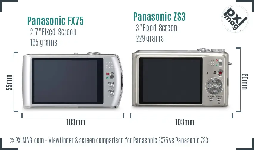 Panasonic FX75 vs Panasonic ZS3 Screen and Viewfinder comparison