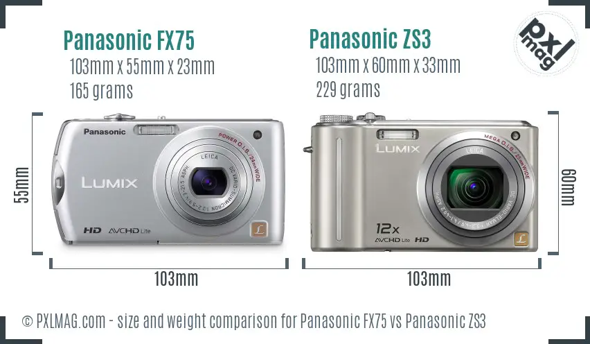 Panasonic FX75 vs Panasonic ZS3 size comparison