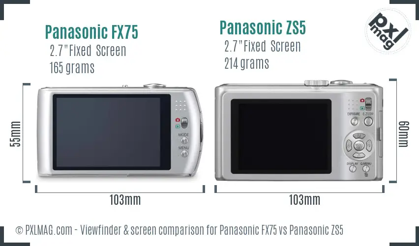 Panasonic FX75 vs Panasonic ZS5 Screen and Viewfinder comparison