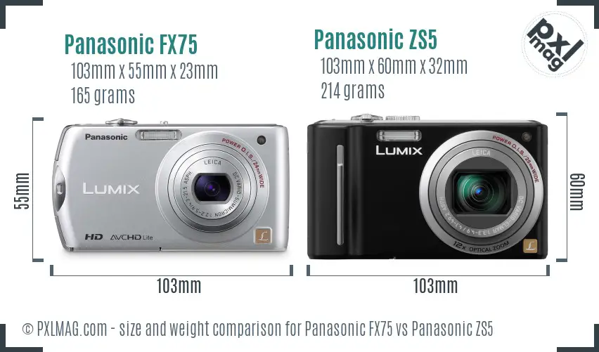 Panasonic FX75 vs Panasonic ZS5 size comparison