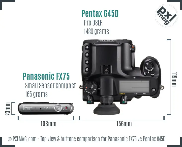 Panasonic FX75 vs Pentax 645D top view buttons comparison