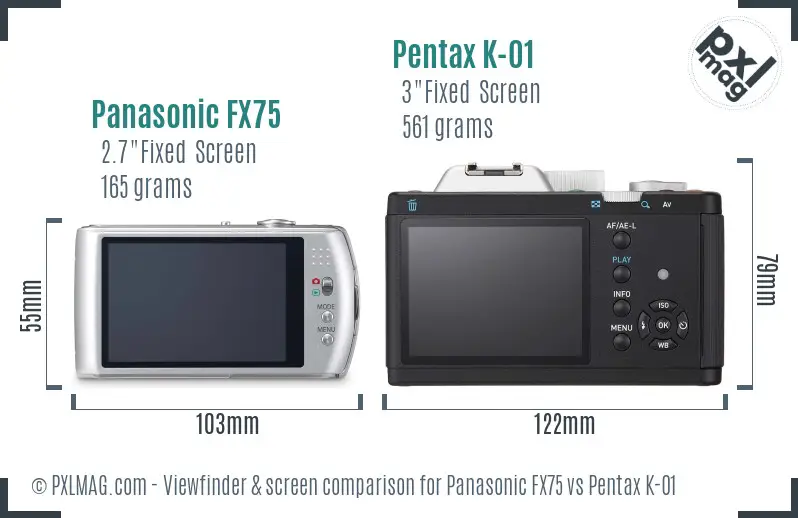 Panasonic FX75 vs Pentax K-01 Screen and Viewfinder comparison
