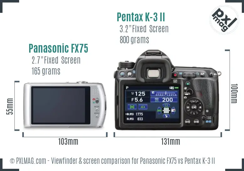 Panasonic FX75 vs Pentax K-3 II Screen and Viewfinder comparison