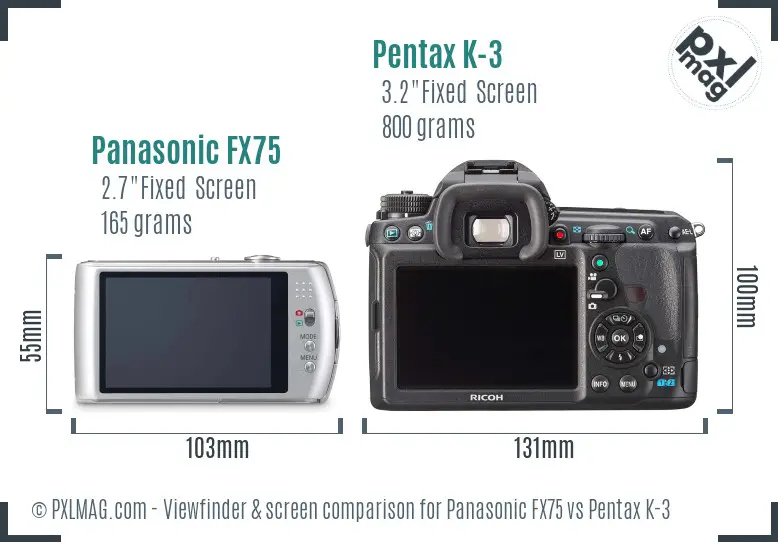 Panasonic FX75 vs Pentax K-3 Screen and Viewfinder comparison