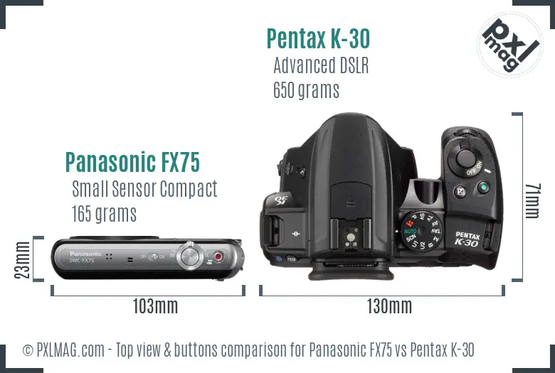 Panasonic FX75 vs Pentax K-30 top view buttons comparison