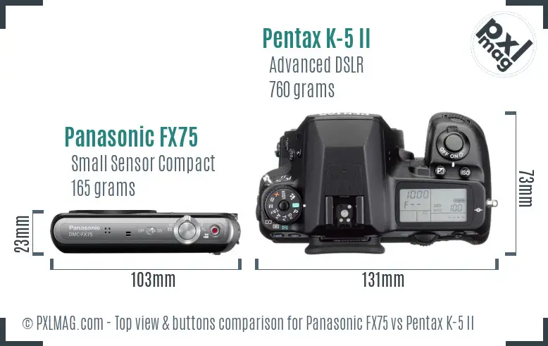 Panasonic FX75 vs Pentax K-5 II top view buttons comparison