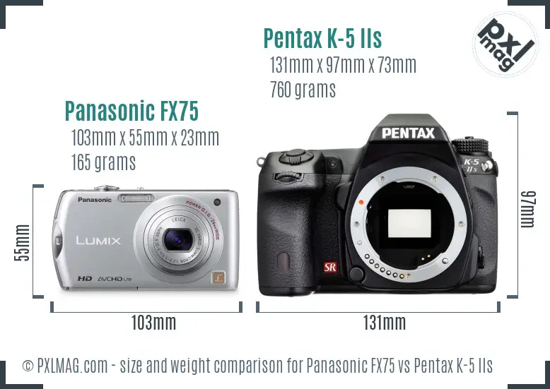 Panasonic FX75 vs Pentax K-5 IIs size comparison