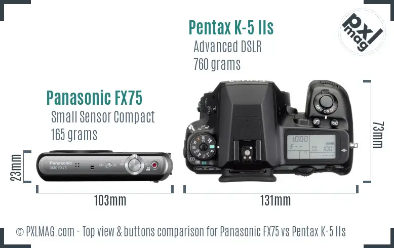 Panasonic FX75 vs Pentax K-5 IIs top view buttons comparison