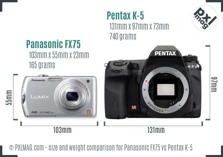 Panasonic FX75 vs Pentax K-5 size comparison