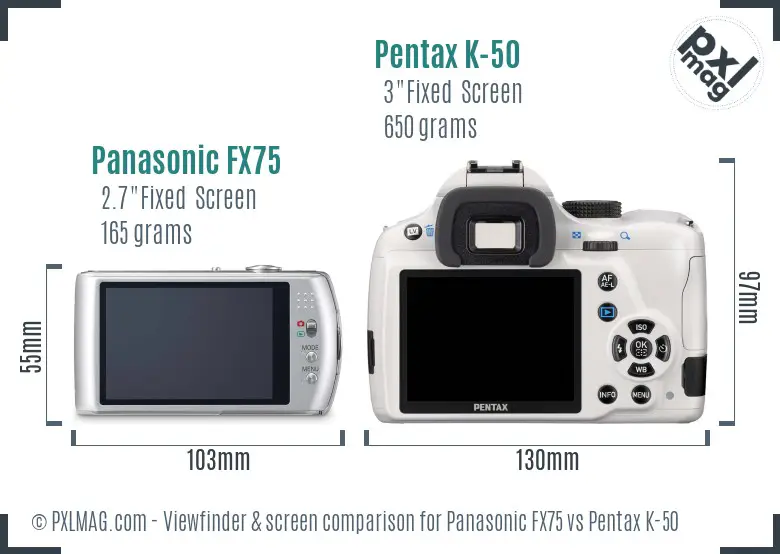 Panasonic FX75 vs Pentax K-50 Screen and Viewfinder comparison