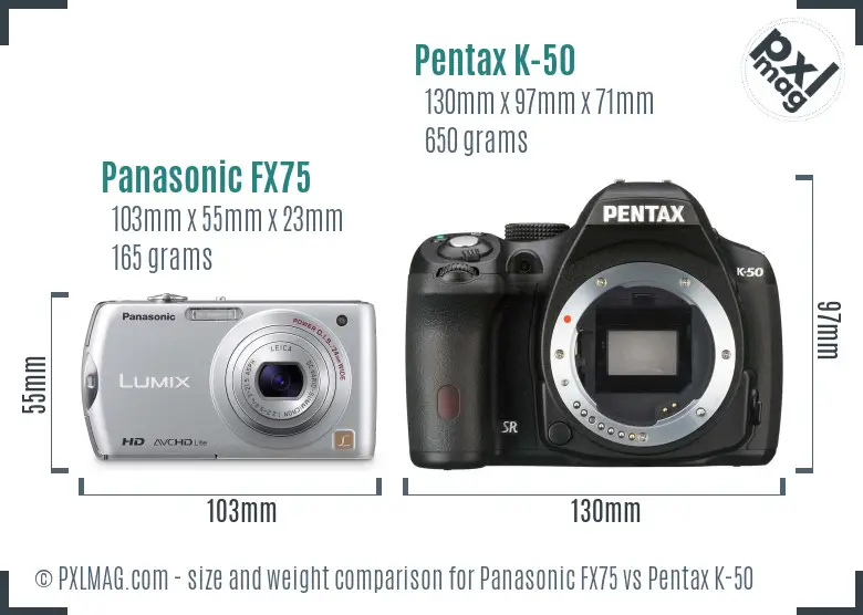 Panasonic FX75 vs Pentax K-50 size comparison