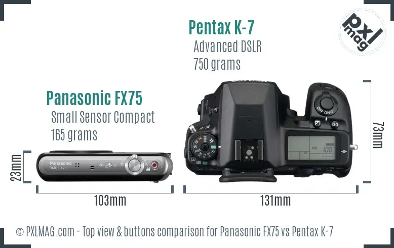 Panasonic FX75 vs Pentax K-7 top view buttons comparison