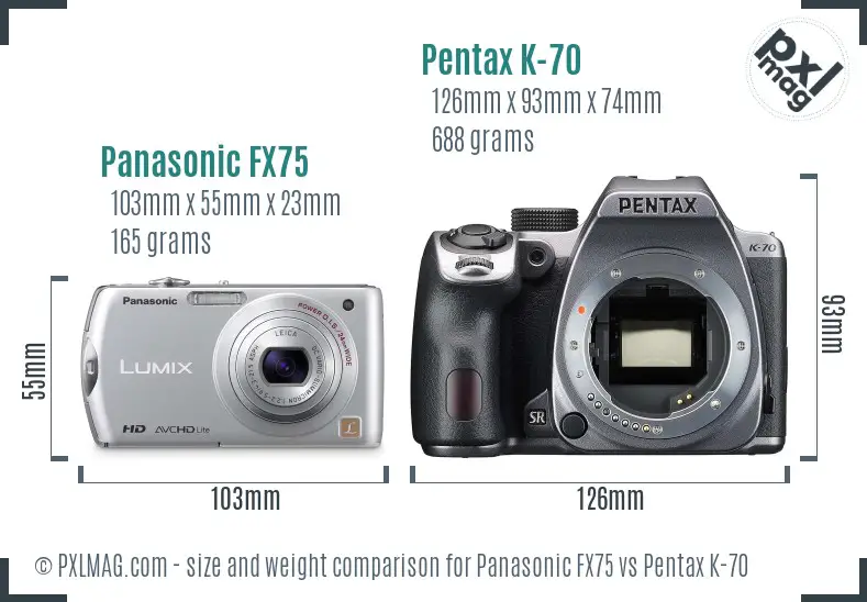 Panasonic FX75 vs Pentax K-70 size comparison