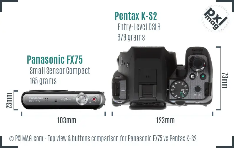 Panasonic FX75 vs Pentax K-S2 top view buttons comparison