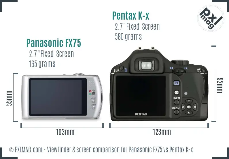 Panasonic FX75 vs Pentax K-x Screen and Viewfinder comparison